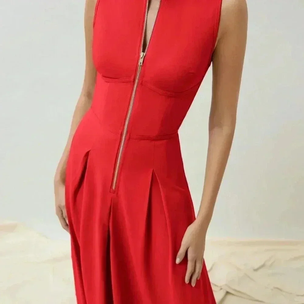 Red Elegant Women's Casual Sleeveless Gold Zipper Waist Gathered Long Dress